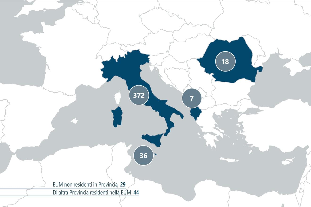 Mappa della Provincia Euro-Mediterranea dei gesuiti, con il numero di gesuiti per ciascun territorio