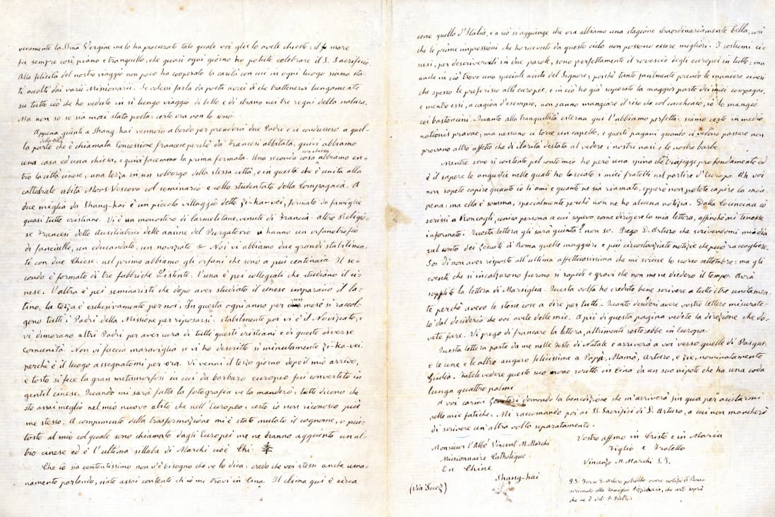 Pagine interne della lettera inviata dal gesuita missionario in Cina Vincenzo Marchi ai genitori