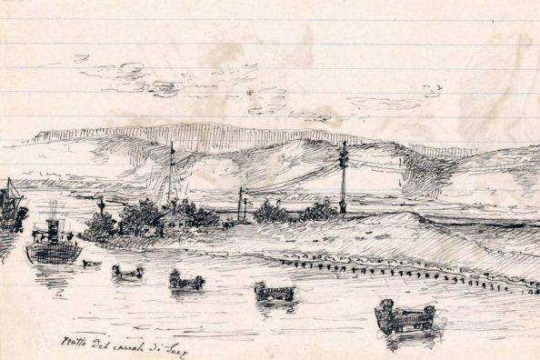 Panorama del canale di Suez in un disegno del gesuita Francesco Tovini SJ - Archivio Storico - Gesuiti, Provincia Euro-Mediterranea